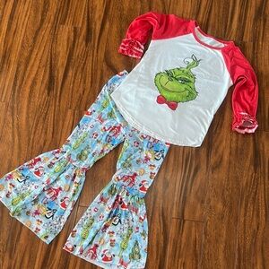 Red and White Grinch Outfit with Patterned wide leg pants